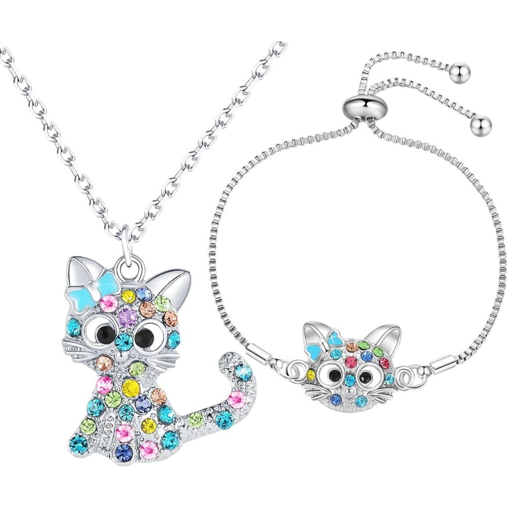 Women's Cat Rainbow 2 Sets Lovely Rhinestone Pendant Crystal Bracelet Necklace